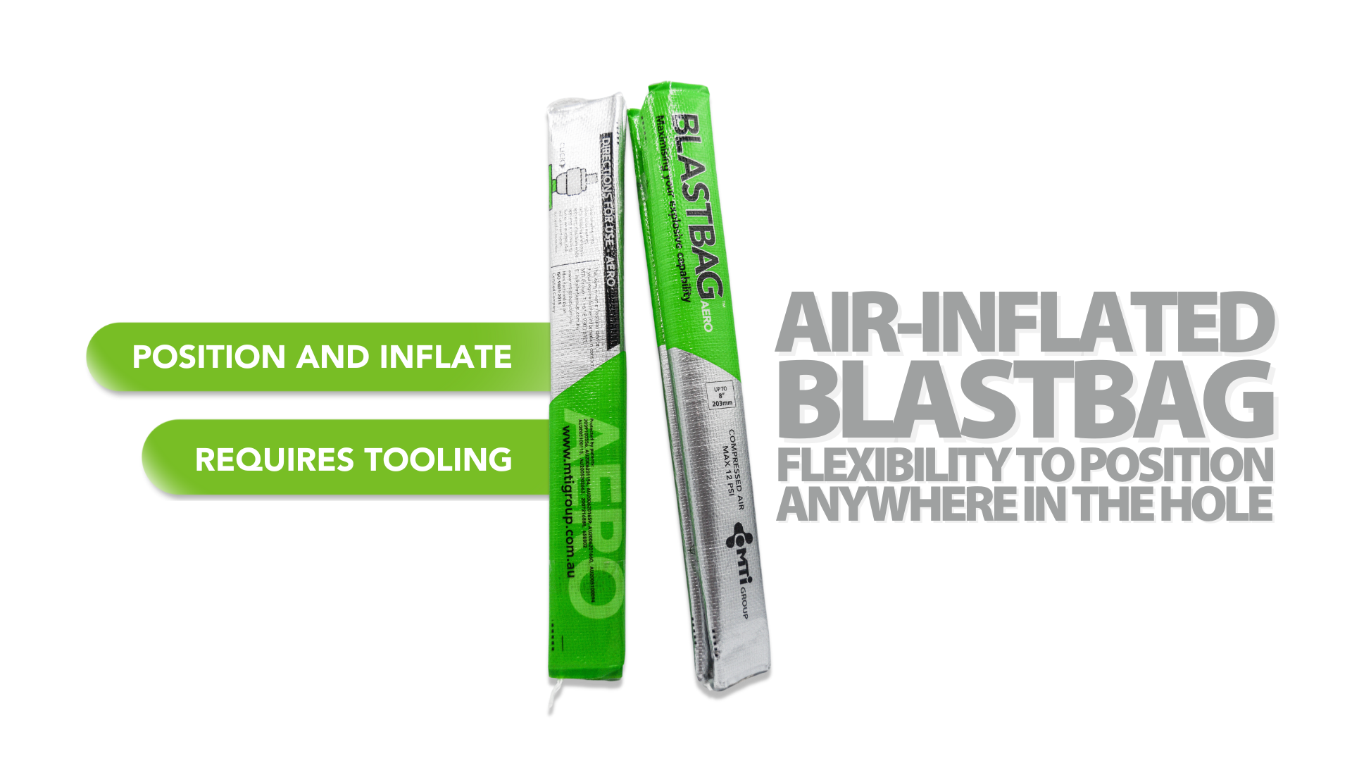 Two vertical air-inflated blastbags, one green and one silver, with text highlighting their unique properties
