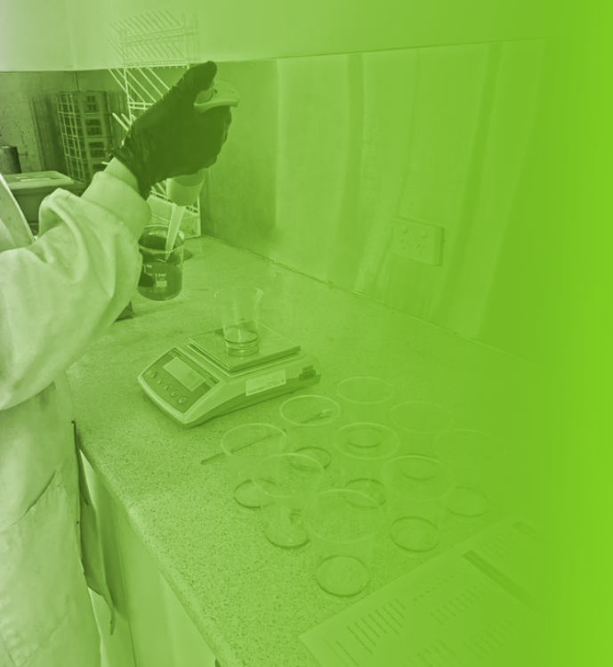 Person wearing a lab coat and gloves using a pipette to transfer liquid into a plastic cup on a digital scale, surrounded by multiple empty plastic cups and a paper sheet on the countertop.