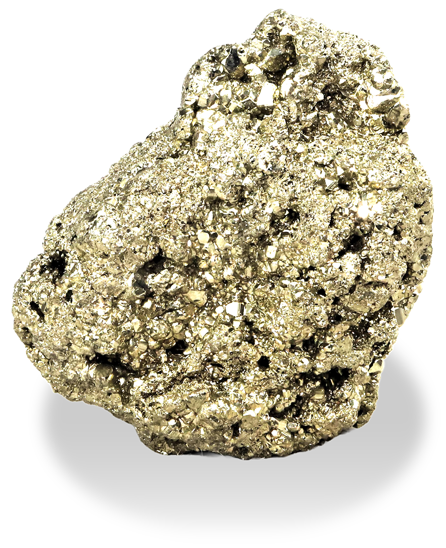 Shiny, metallic golden pyrite mineral cluster with crystalline texture on a white background.