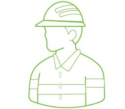 Green line drawing of a Australian mine worker wearing a safety helmet and reflective jacket.