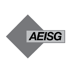 Gray diamond shape with the letters AEISG in black italic font on a gray rectangular background overlapping the diamond.