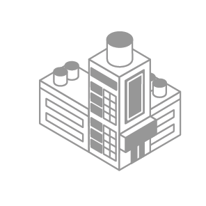 Gray isometric icon of a factory or industrial building with three chimneys.
