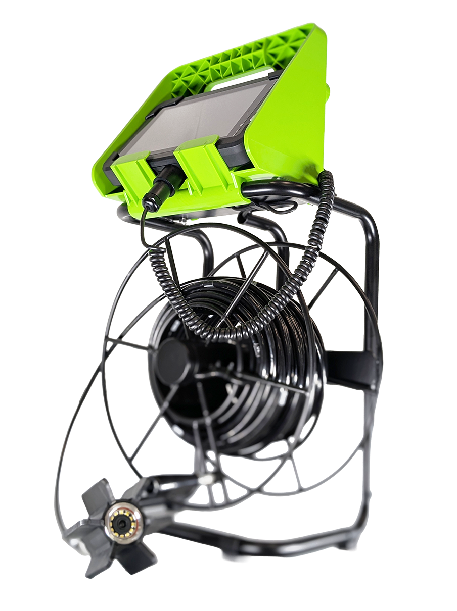 Portable borehole camera device with a green monitor and black coiled cable on a metal frame.