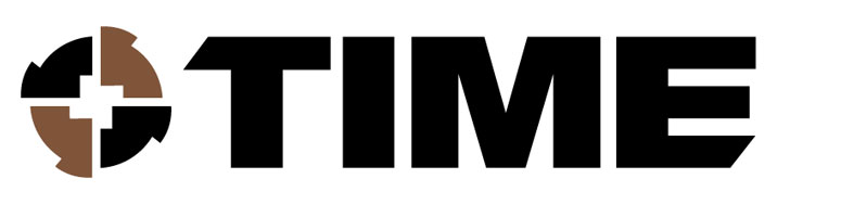 TIME logo with a stylized circular icon featuring brown and black segments to the left of bold black uppercase text.
