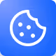 Icon of a white cookie with bite mark on blue gradient background.