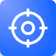 White target crosshair icon on blue circular background.
