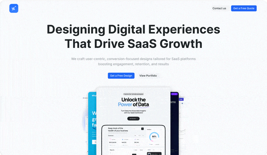 Website homepage showcasing a SaaS design service with headline 'Designing Digital Experiences That Drive SaaS Growth' and a call-to-action button 'Get a Free Design'.