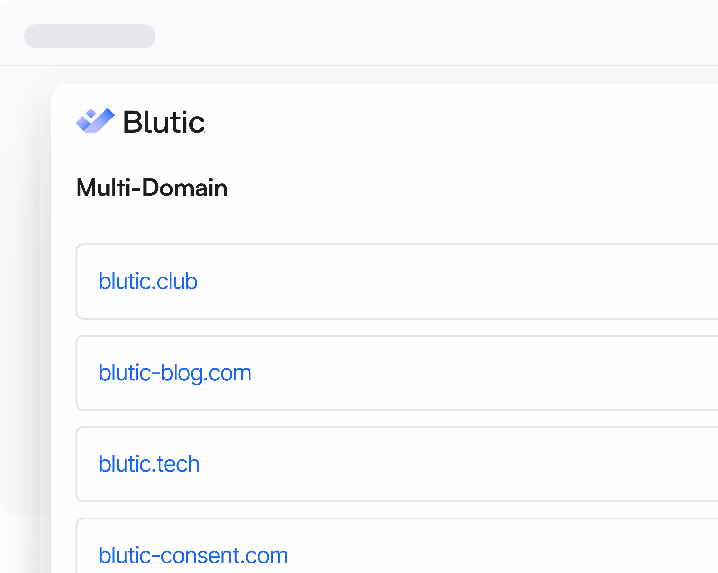 Multi-Domain Management – Blutic panel with sample domains.