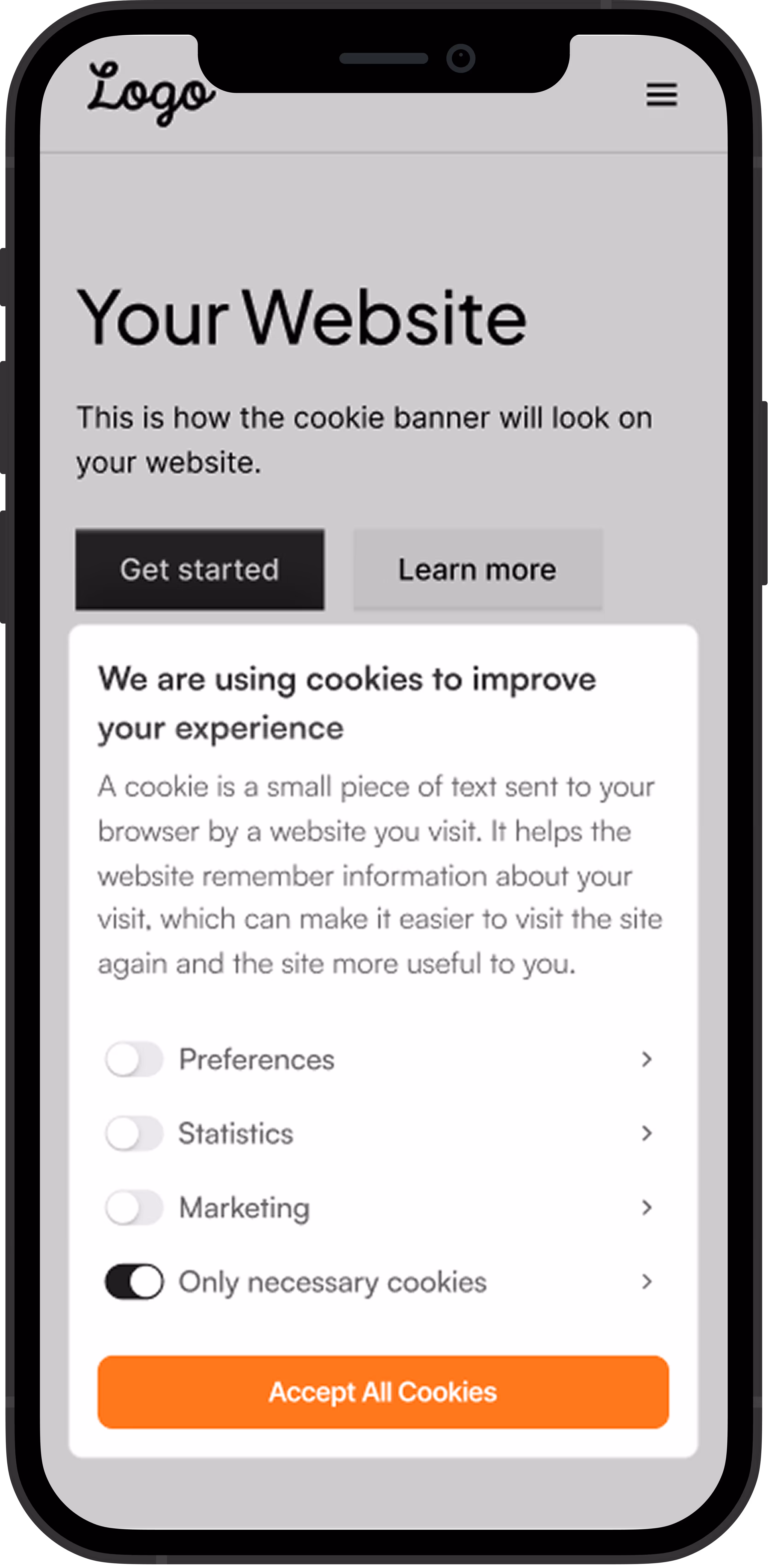 Mobile screen showing a website with a cookie consent banner explaining cookie usage and toggles for Preferences, Statistics, Marketing, and necessary cookies, along with Accept All Cookies button.