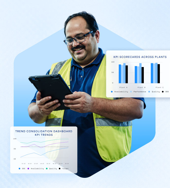 Man wearing a yellow safety vest and glasses, smiling while using a tablet, with overlay charts showing KPI scorecards and trend consolidation dashboard for plant performance metrics.