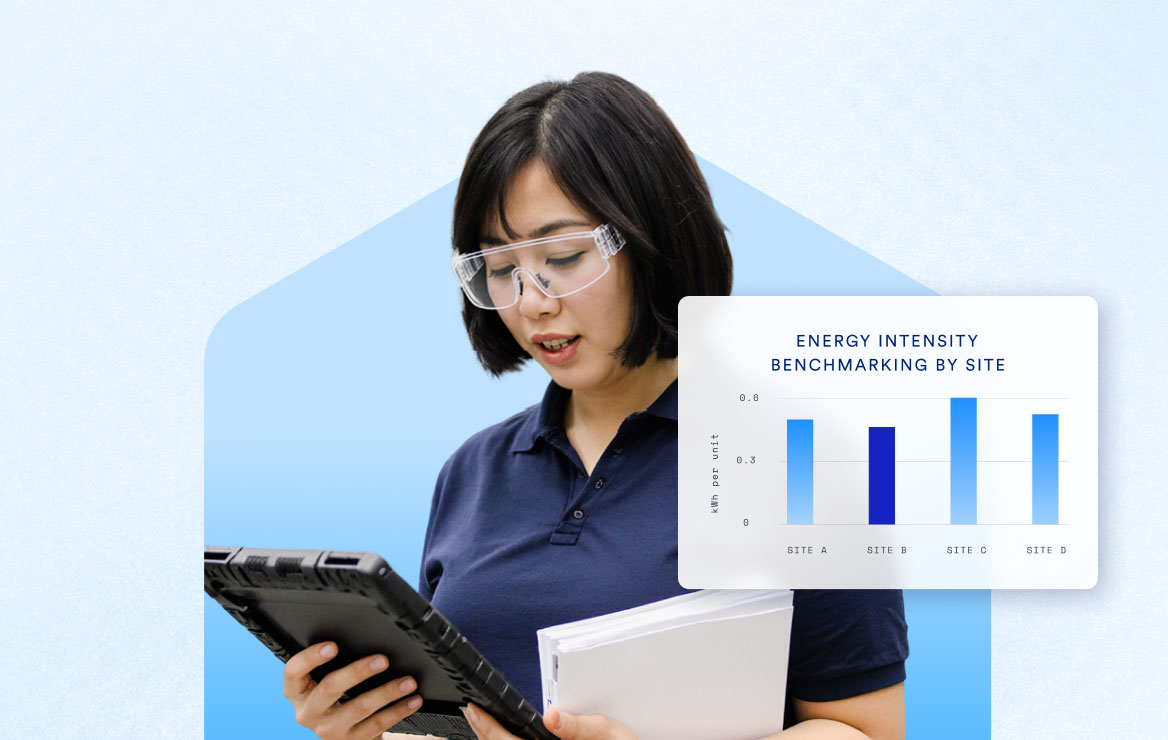 Woman wearing safety glasses and navy polo shirt looking at a tablet, with an energy intensity benchmarking bar chart overlay showing kWh per unit for sites A, B, C, and D.