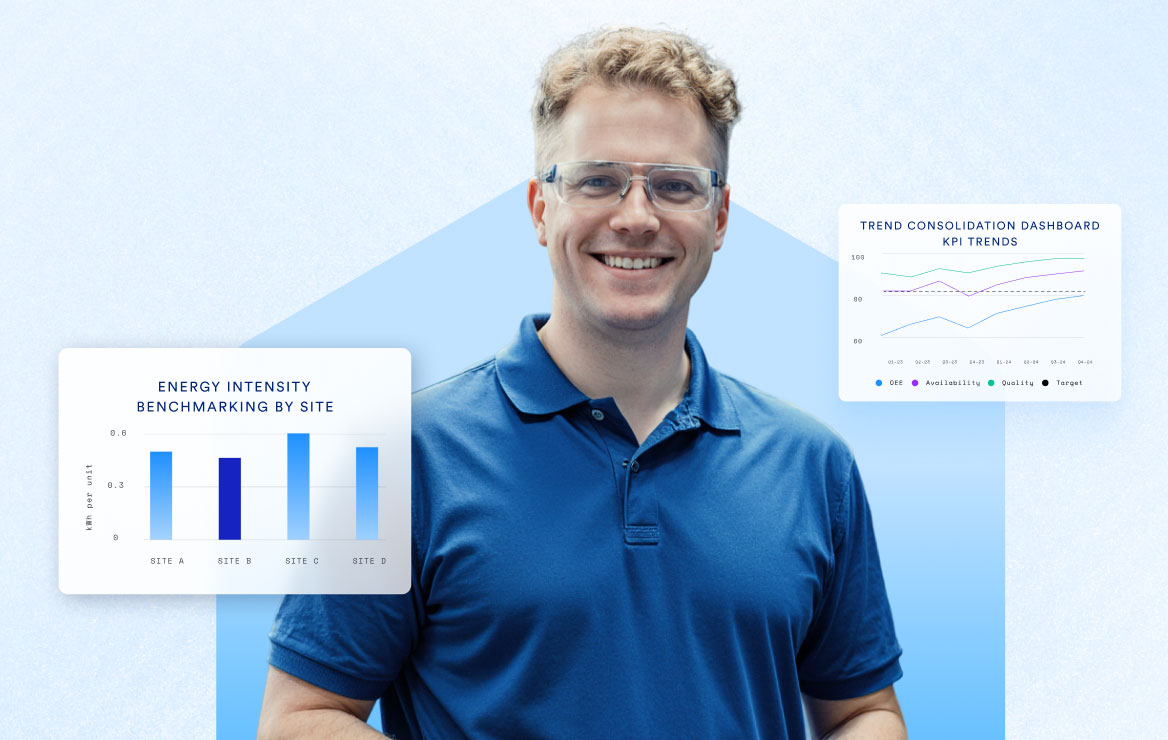 Smiling man in blue polo shirt and safety glasses standing with two floating charts showing energy intensity benchmarking and KPI trends dashboard.