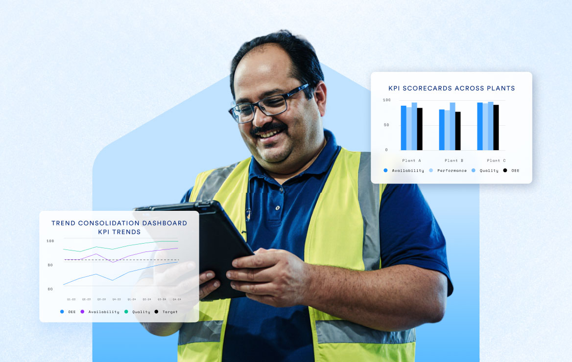 Man wearing a yellow safety vest and glasses, smiling while using a tablet, with overlay charts showing KPI scorecards and trend consolidation dashboard for plant performance metrics.