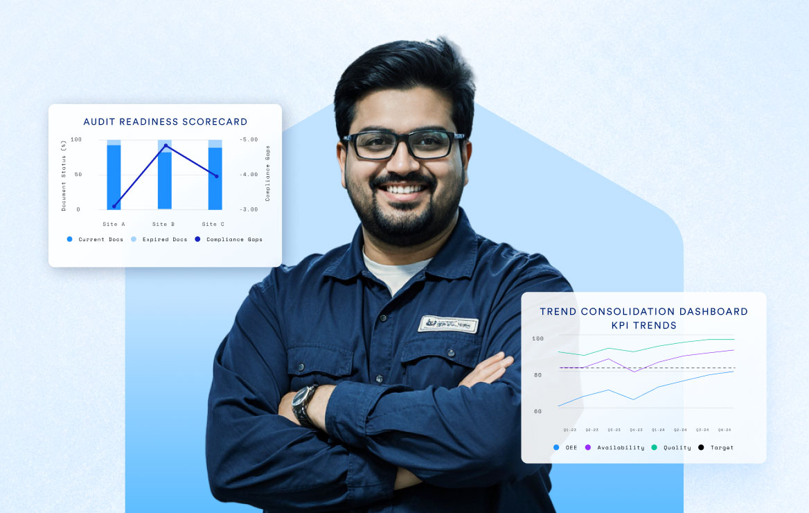 Smiling man with glasses and dark shirt standing with arms crossed in front of blue abstract background, flanked by two data charts titled 'Audit Readiness Scorecard' and 'Trend Consolidation Dashboard KPI Trends'.