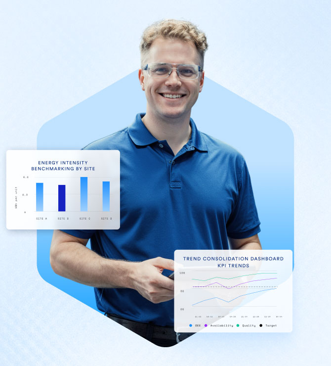 Smiling man in blue polo shirt and safety glasses standing with two floating charts showing energy intensity benchmarking and KPI trends dashboard.