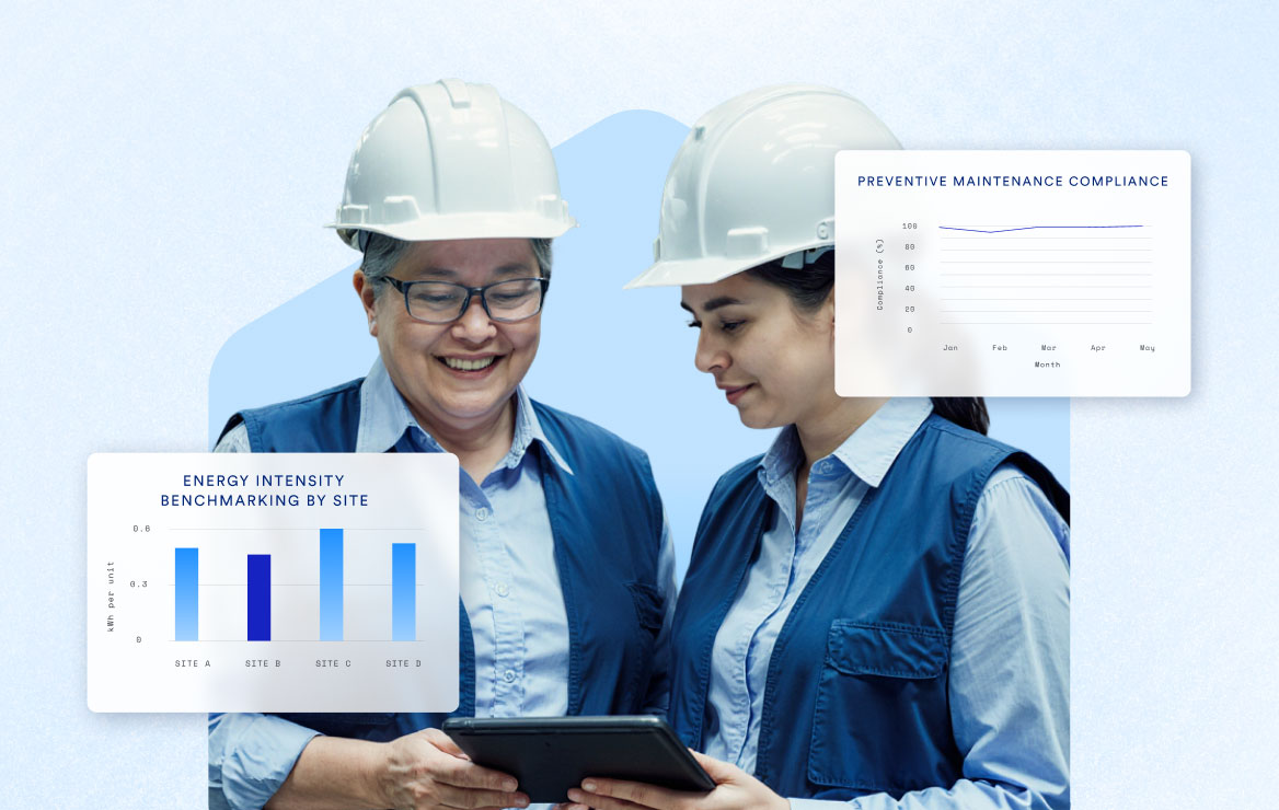 Two workers wearing white safety helmets and blue vests looking at a tablet, with overlaid charts showing energy intensity benchmarking by site and preventive maintenance compliance.