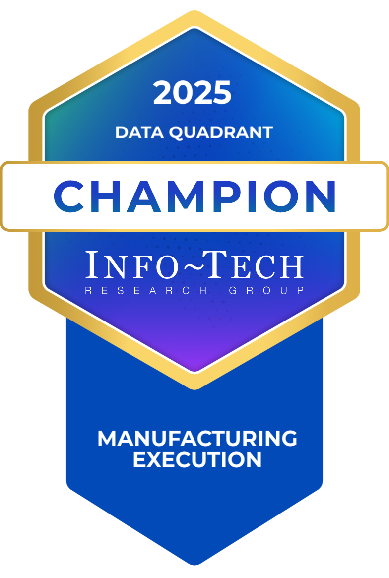 2025 Data Quadrant Champion badge for Manufacturing Execution by Info-Tech Research Group featuring a blue and gold hexagonal design.