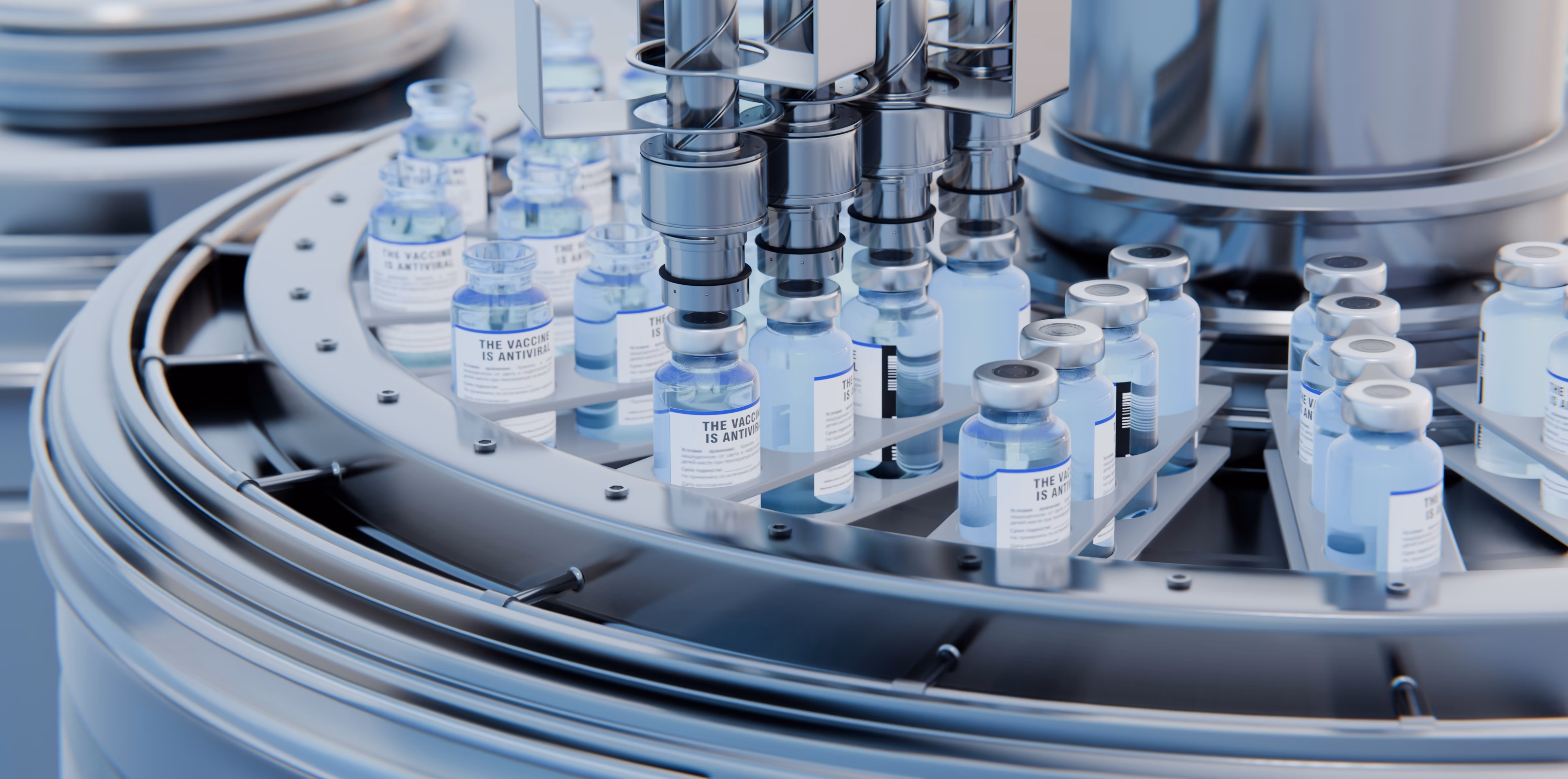 Automated production line filling multiple glass vials labeled 'The vaccine is antiviral' with liquid in a clean, high-tech pharmaceutical facility.