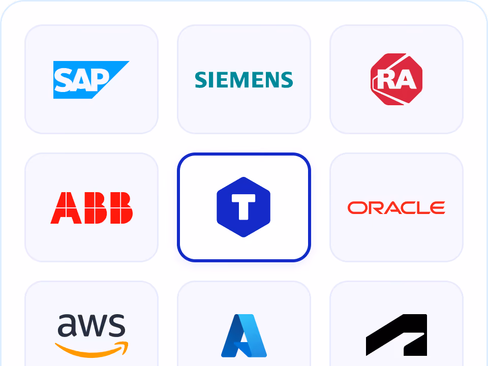 Grid of nine technology company logos: SAP in blue, Siemens in green, RA in red, ABB in red, a central blue hexagon with white letter T outlined in blue, Oracle in red, AWS with black letters and orange smile, Microsoft Azure logo in blue shades, and a black stylized logo resembling a sideways 'A'.