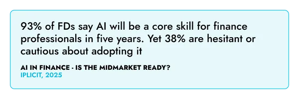 93% of FDs say AI will be a core skill for finance professionals in five years. Yet 38% are hesitant or cautious about adopting it