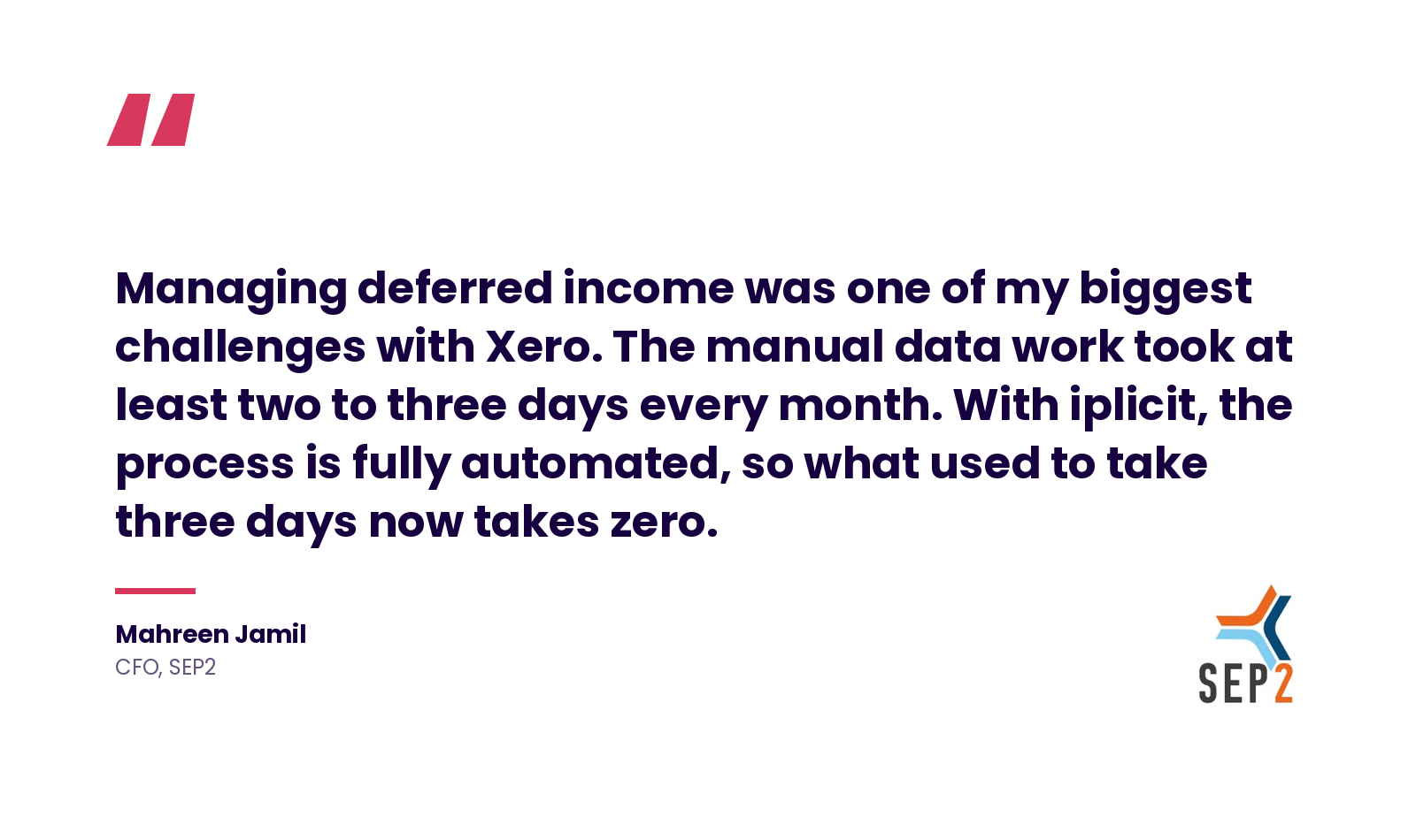 Pull-quote graphic featuring a testimonial from Mahreen Jamil, CFO at SEP2, about deferred income management becoming fully automated with iplicit, reducing a three-day monthly process to zero. iplicit branding with the SEP2 logo in the bottom right.