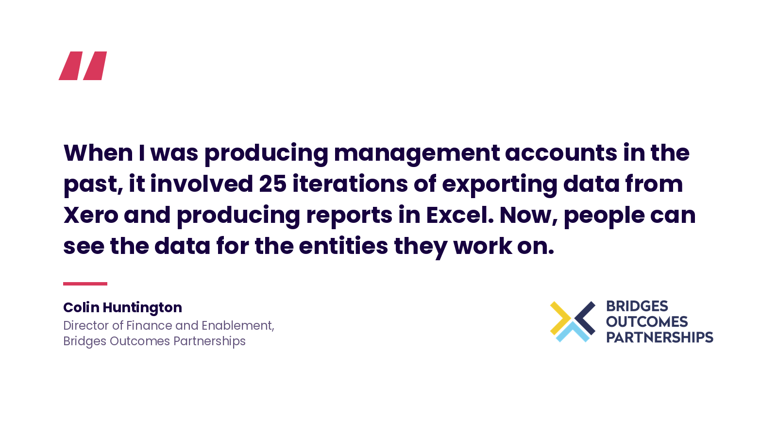 Pull-quote graphic featuring a testimonial from Colin Huntington, Director of Finance and Enablement at Bridges Outcomes Partnerships, about moving from manual Xero-to-Excel reporting to shared, real-time entity-level data with iplicit. iplicit branding with the Bridges Outcomes Partnerships logo in the bottom right.