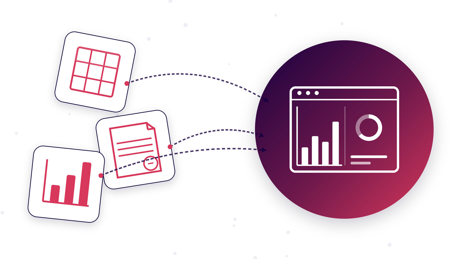 Icons for a spreadsheet, an invoice and a bar chart connecting into one central integrated system.
