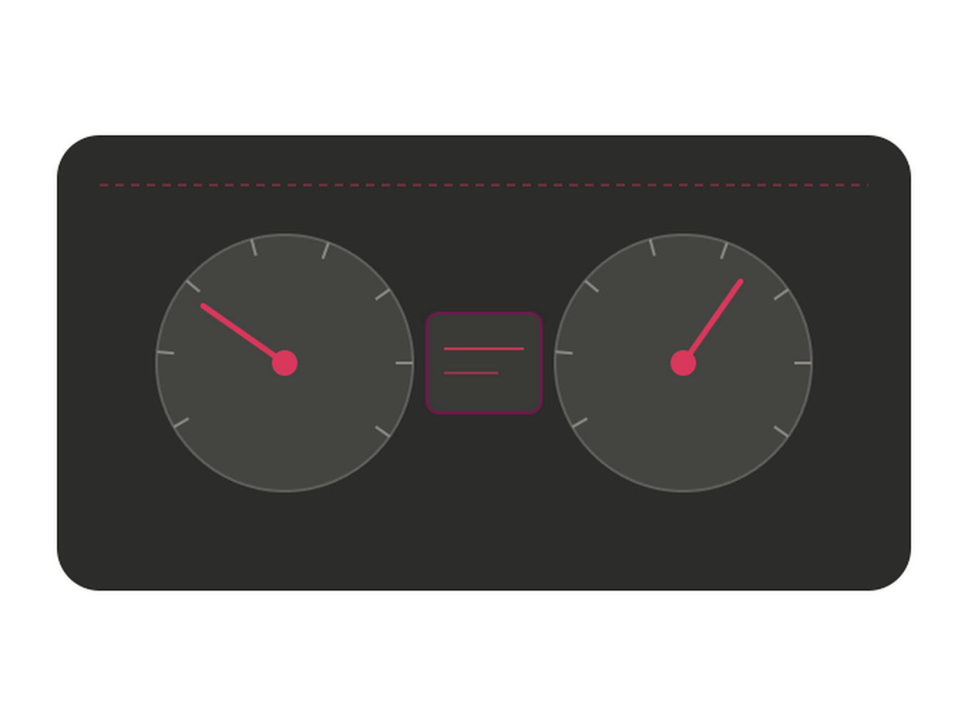 A simplified, geometric car dashboard in iplicit brand colours, with two gauges and a glowing centre screen