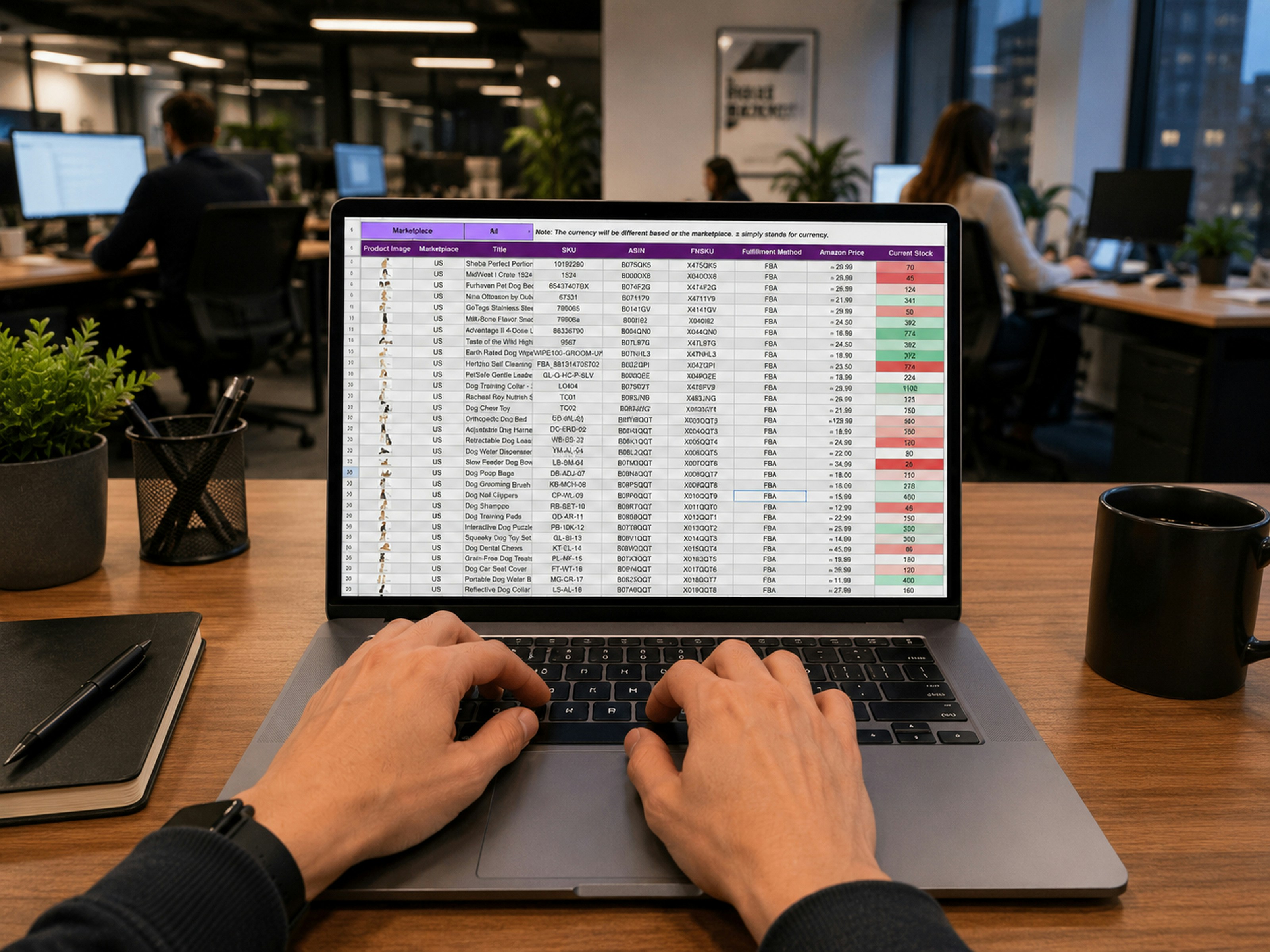 Finance professional reviewing spreadsheet data on a laptop in a busy office