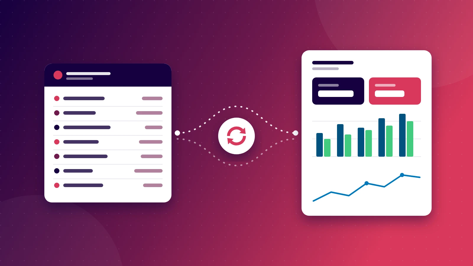 Illustration of accounting software connecting to a reporting dashboard: a ledger of transactions on the left links through a sync icon to a dashboard of KPI tiles, a bar chart and a line chart on the right.