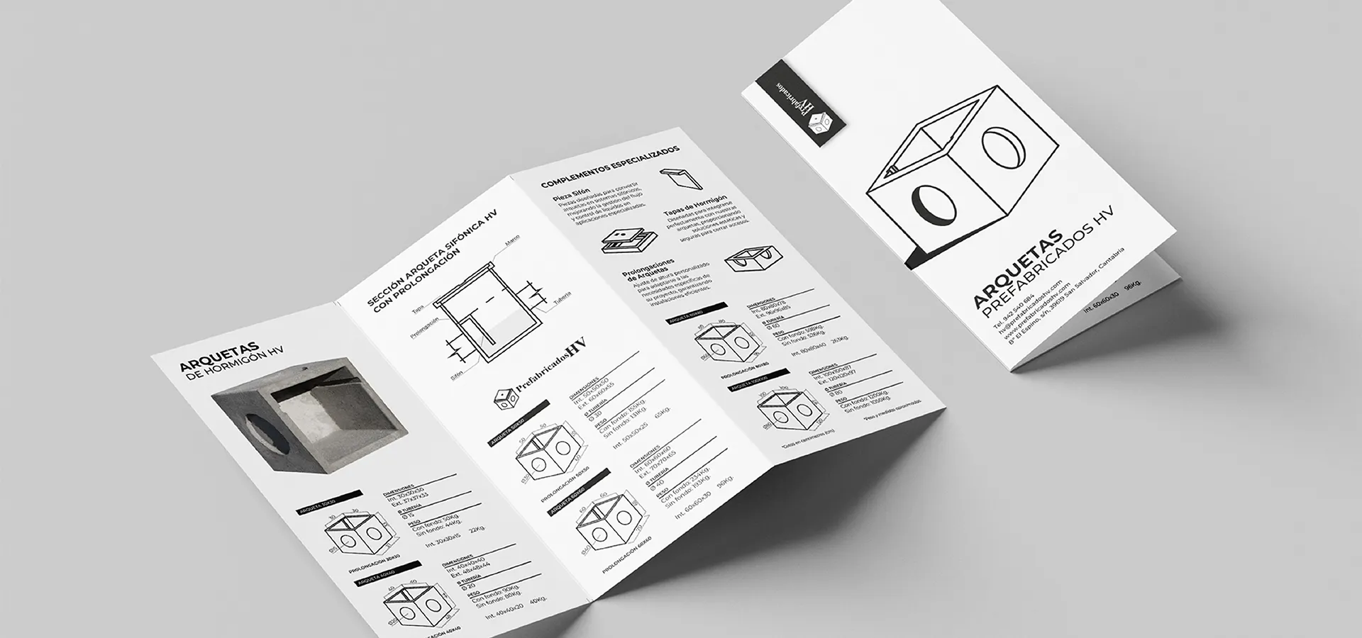 Folleto desplegado que muestra información técnica y diagramas de arquetas prefabricadas de hormigón HV, con ilustraciones y especificaciones.
