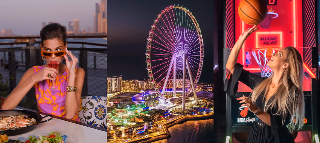A collage featuring a woman dining, the illuminated Ain Dubai ferris wheel, and arcade basketball.
