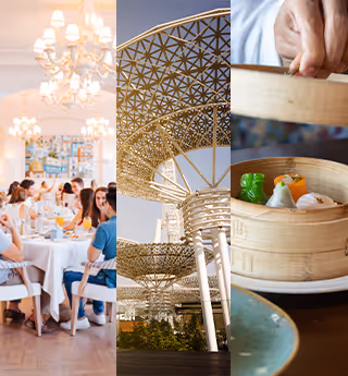 A collage of upscale dining, modern architecture, and fresh dim sum.