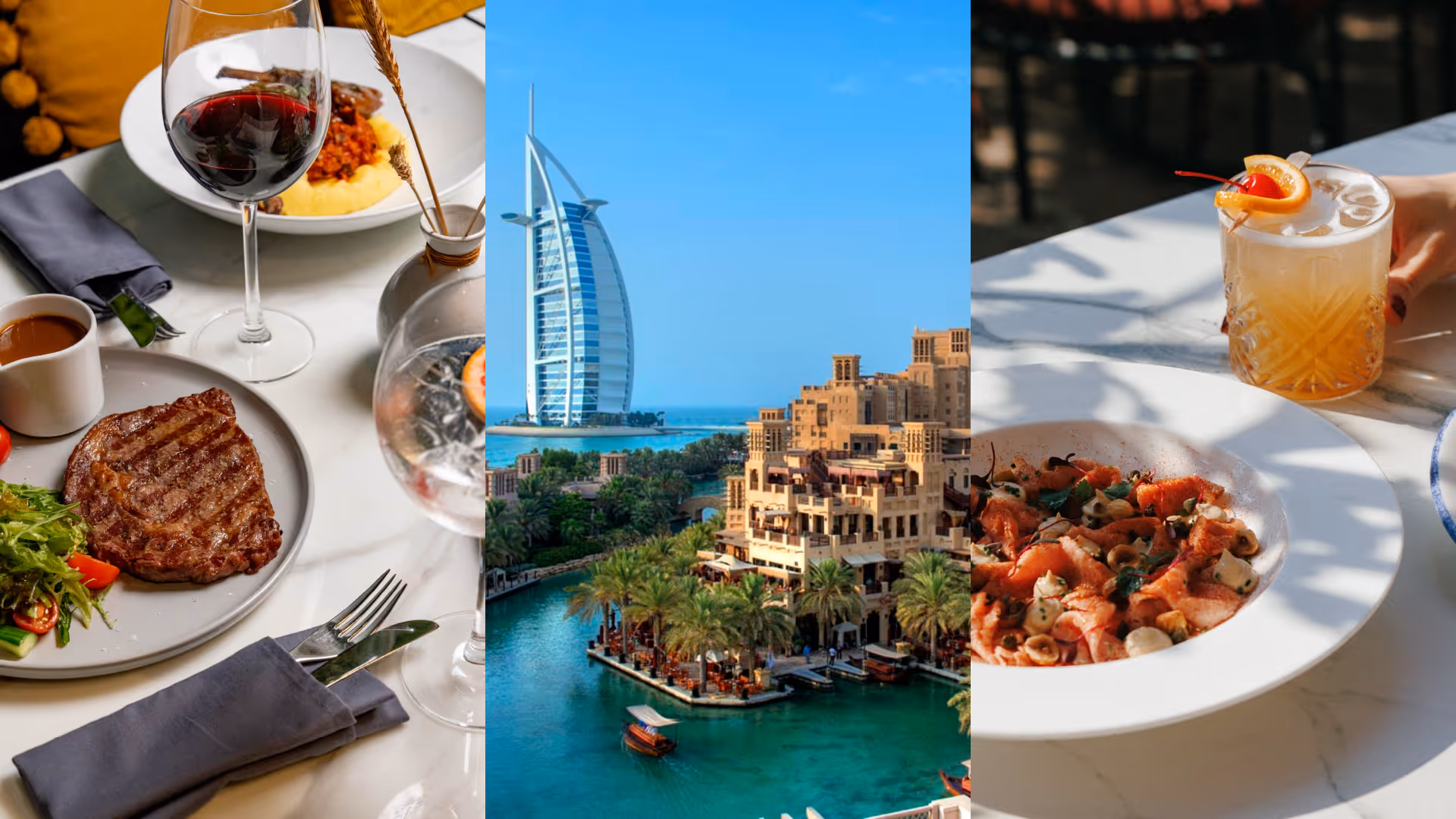 Fine dining, Dubai's Burj Al Arab, and a fresh pasta dish with a cocktail.