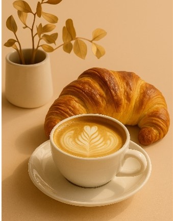 A white cup of latte with leaf art sits next to a golden croissant and a small potted plant.