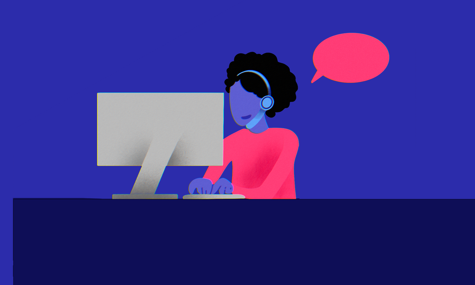 A colorful illustration for the Berlin CityLab showing a service agent looking through information on a screen.