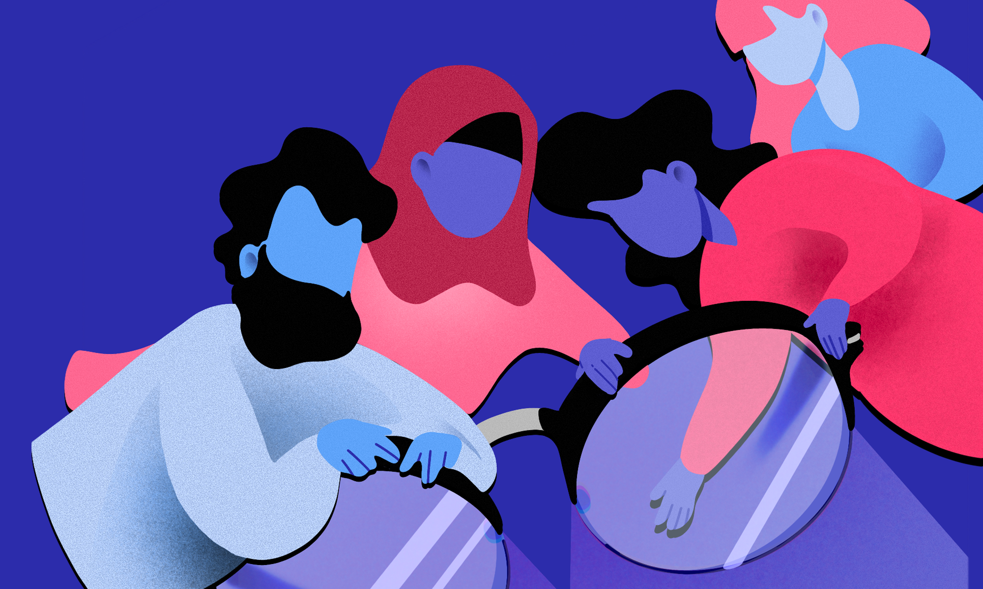 A colorful header illustration for the CityLab Berlin showing different people that try to have a closer look at a new digital service.