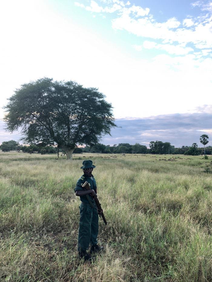 man with gun, Liwonde park, Malawi, Africa