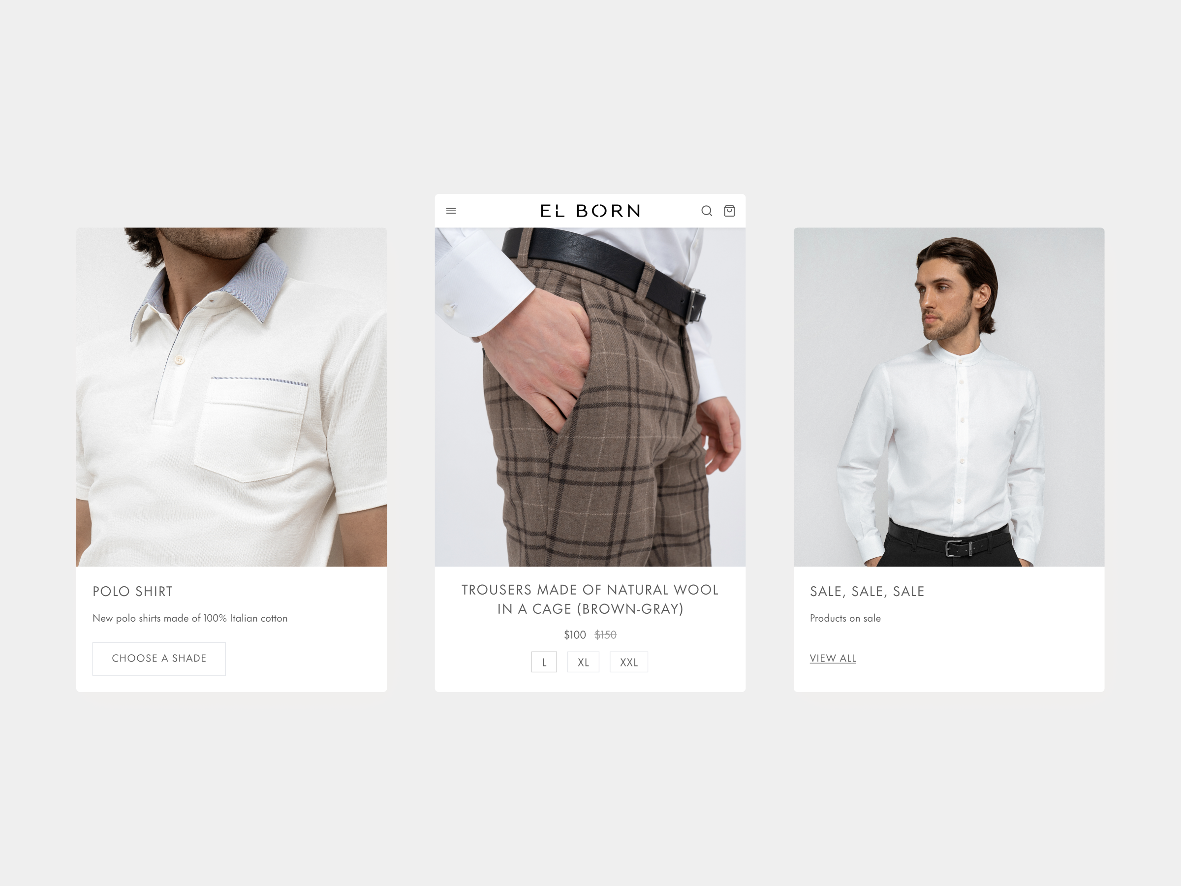 El Born product card variations – modern ecommerce UX/UI web design for men’s clothing store.