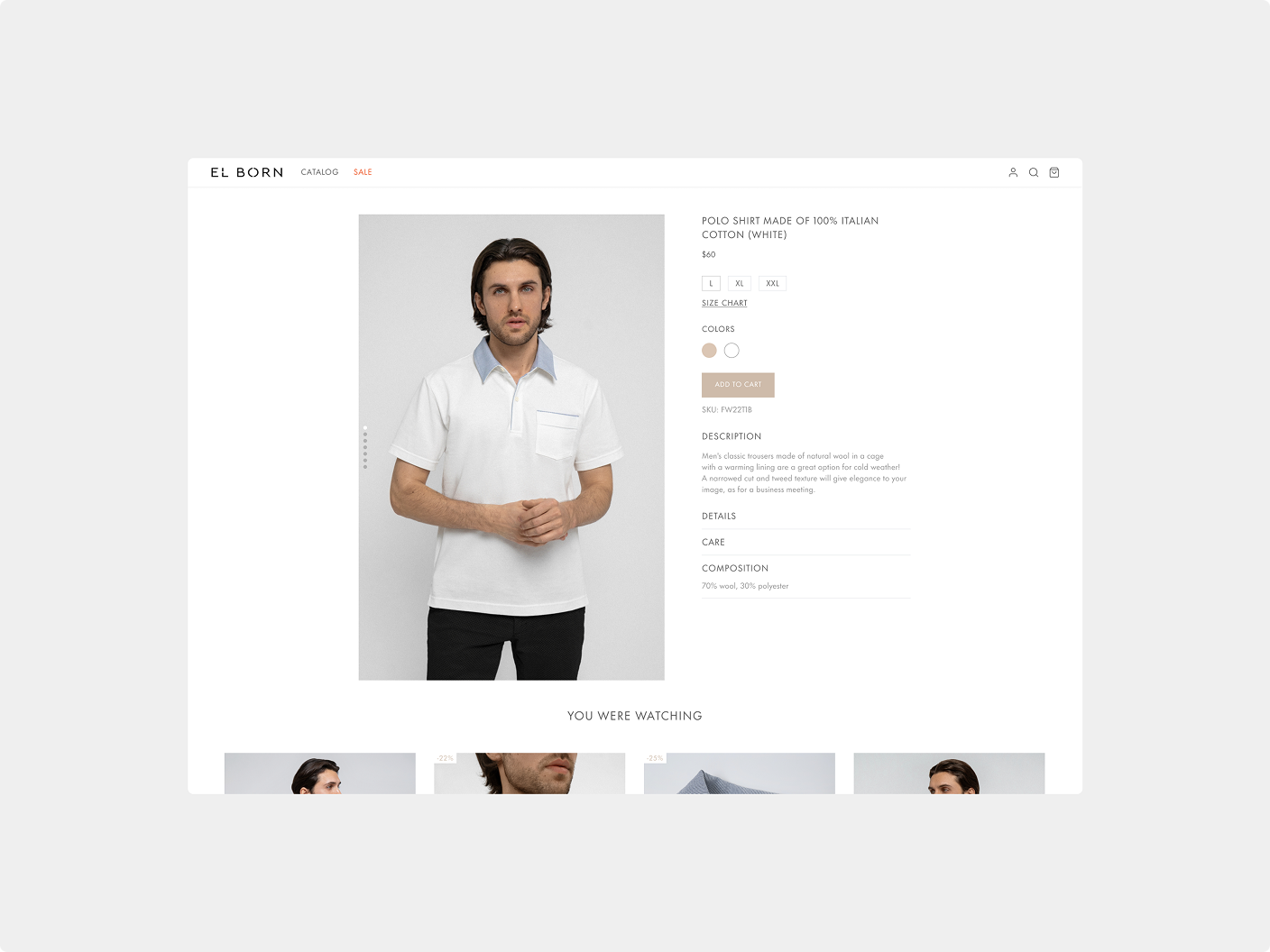 El Born product page design – detailed UX/UI web design for men’s fashion ecommerce website.