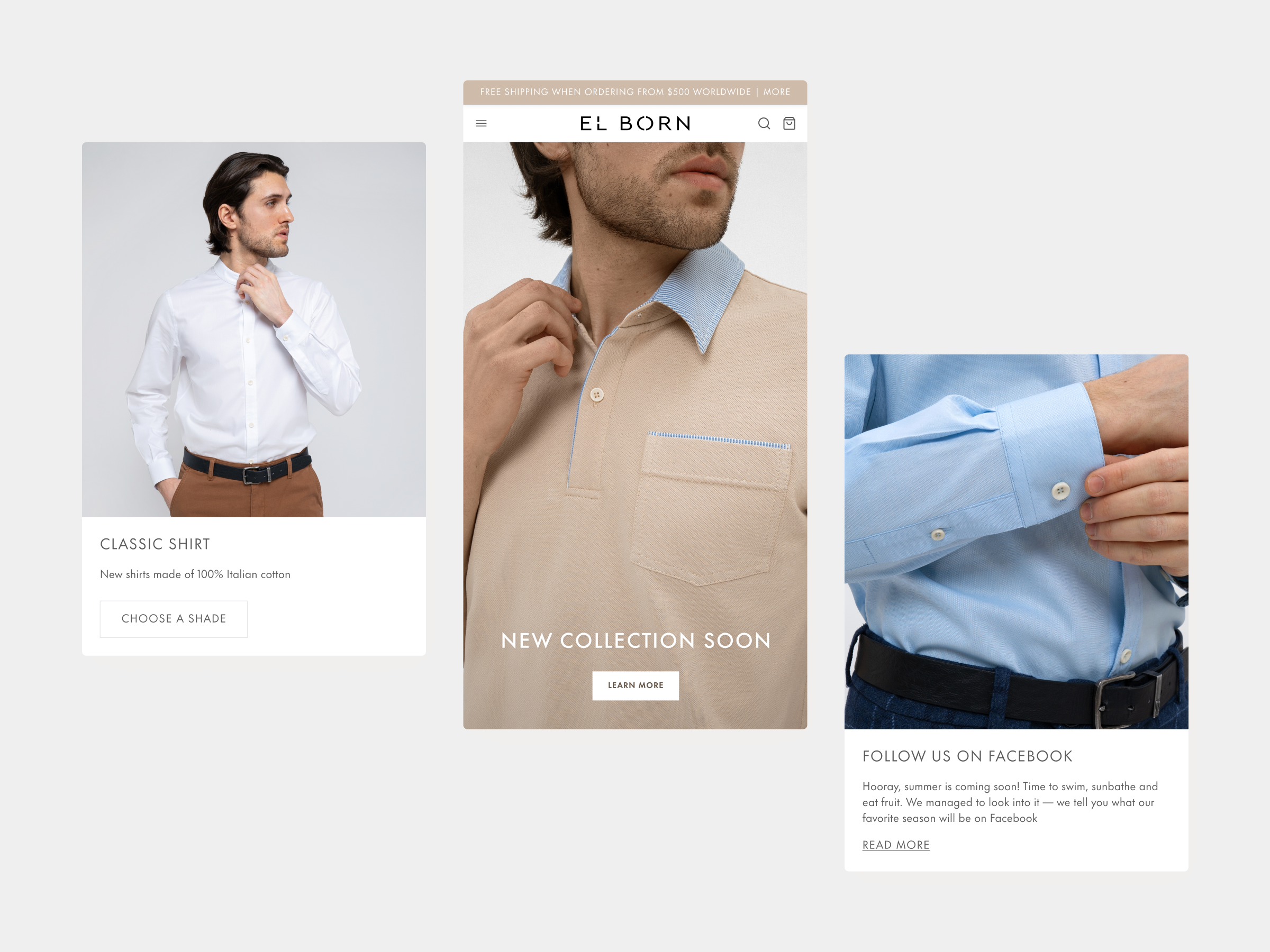 El Born mobile website design with main page layout and product cards – responsive UX/UI web design for men’s fashion shop.