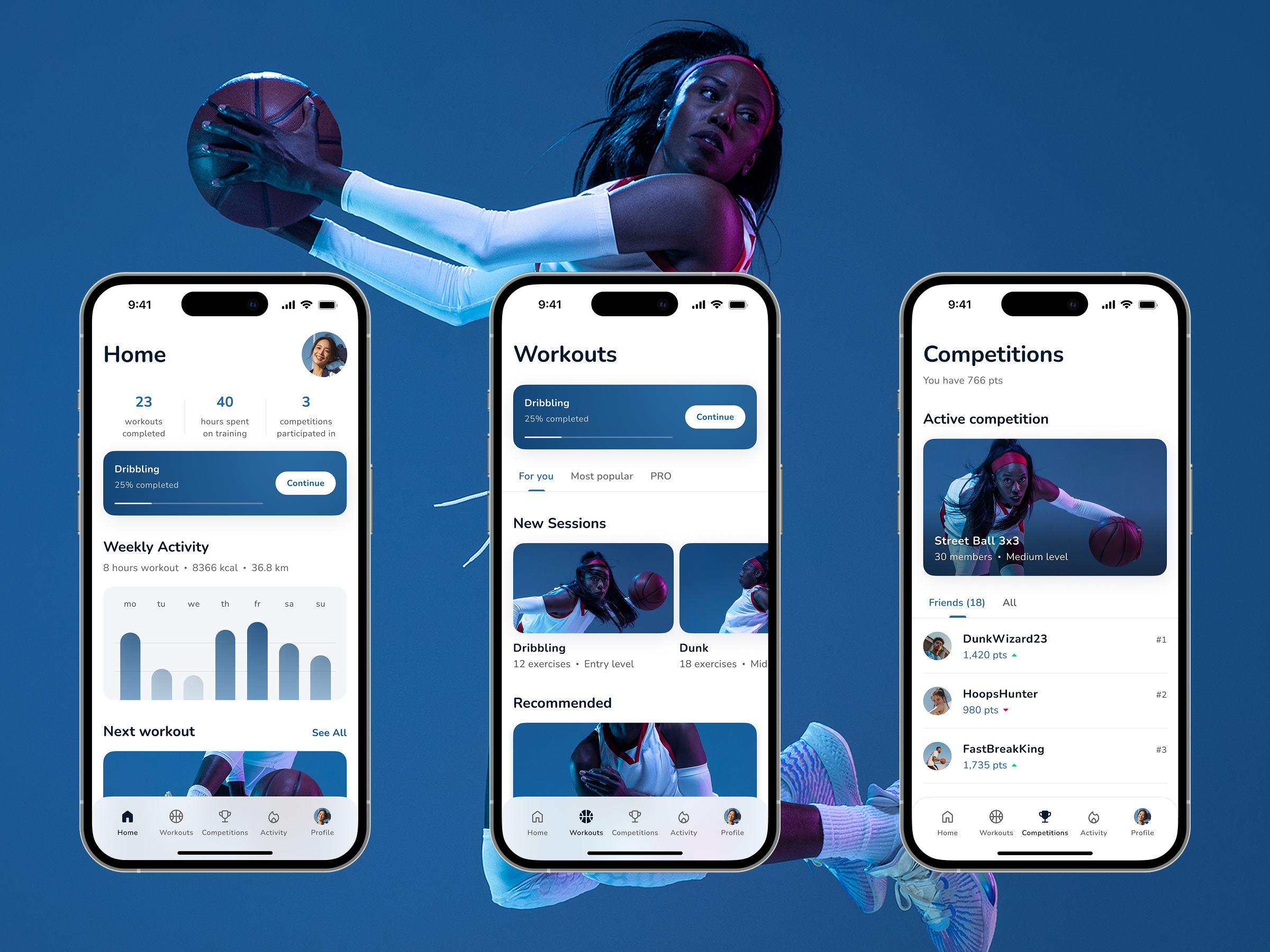 BasketDream mobile app UX/UI – Home, Workouts, and Competitions screens for basketball players.