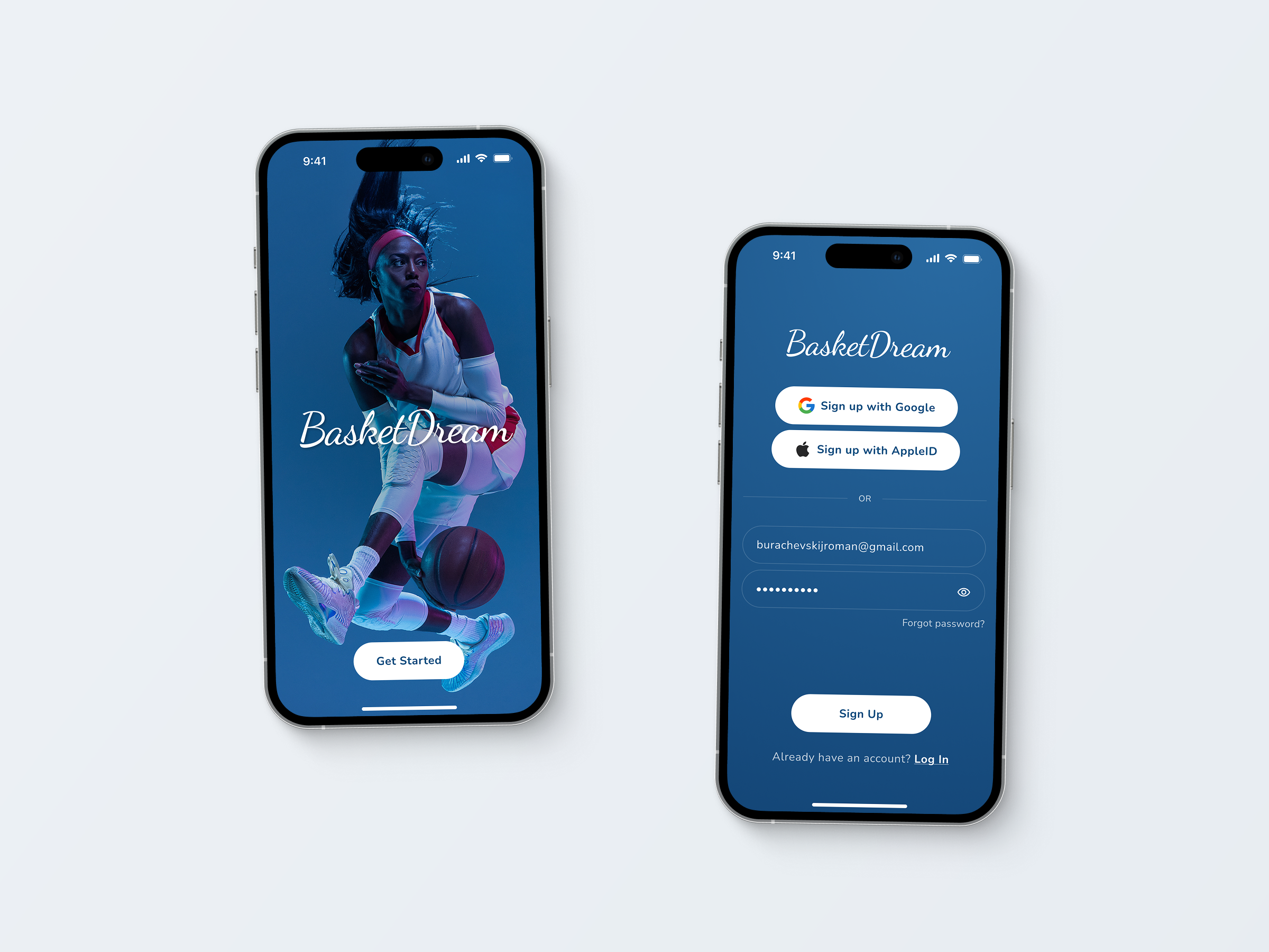 BasketDream mobile app login and welcome screens – clean UX/UI design for basketball training app.