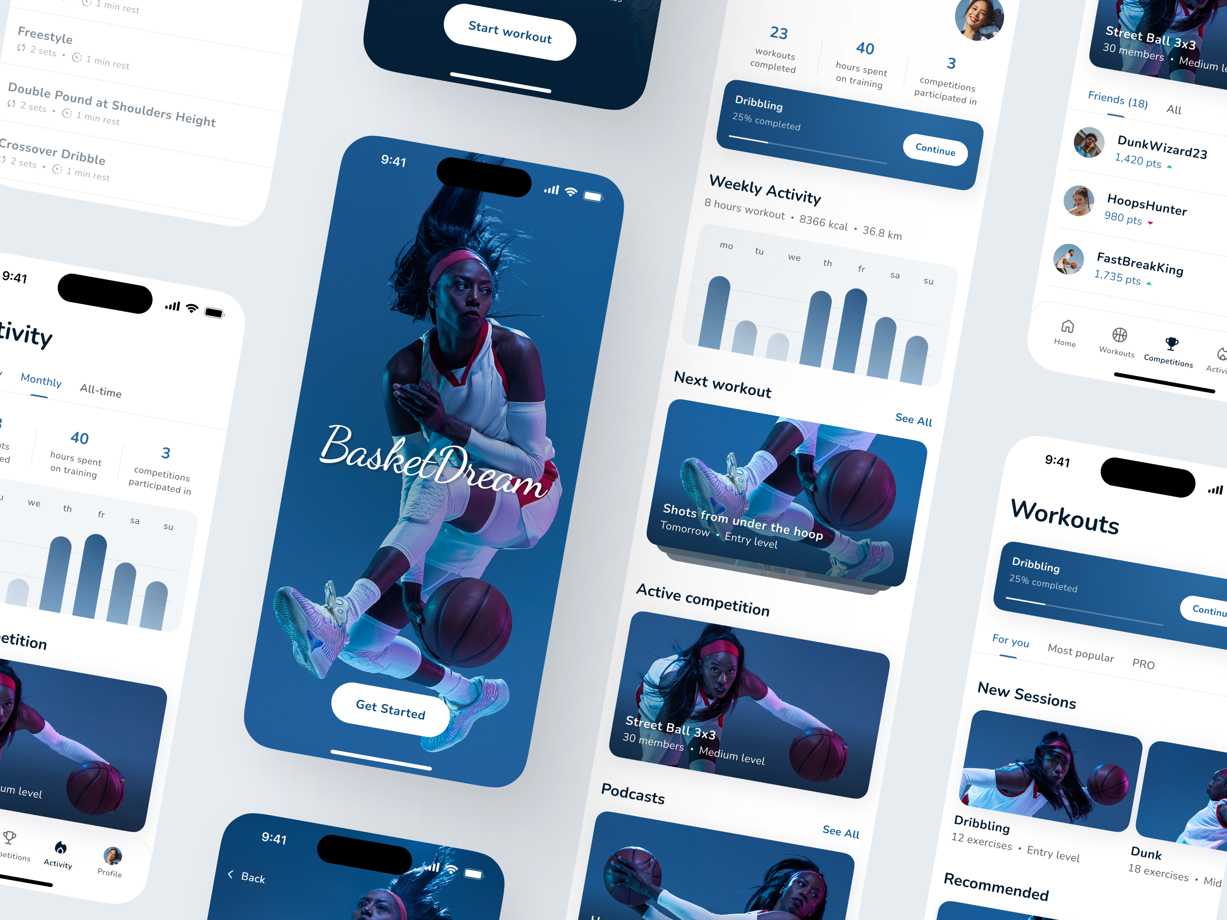 BasketDream basketball training mobile app design – multiple UX/UI screens showcasing modern visual identity.