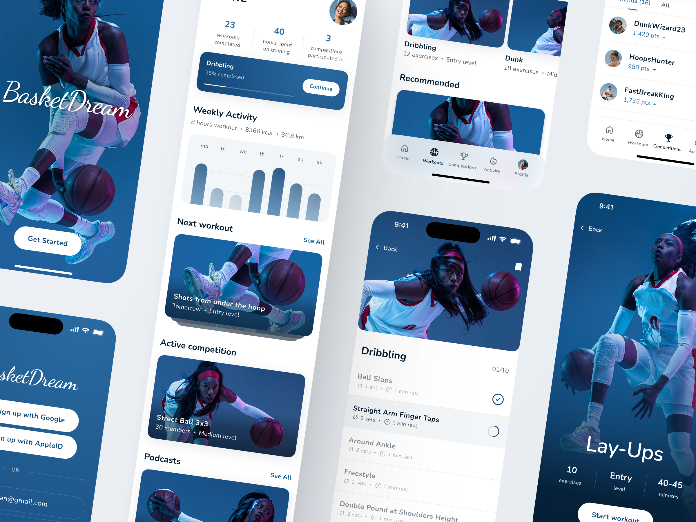 BasketDream mobile app design – UX/UI screens highlighting basketball workouts and competitions.