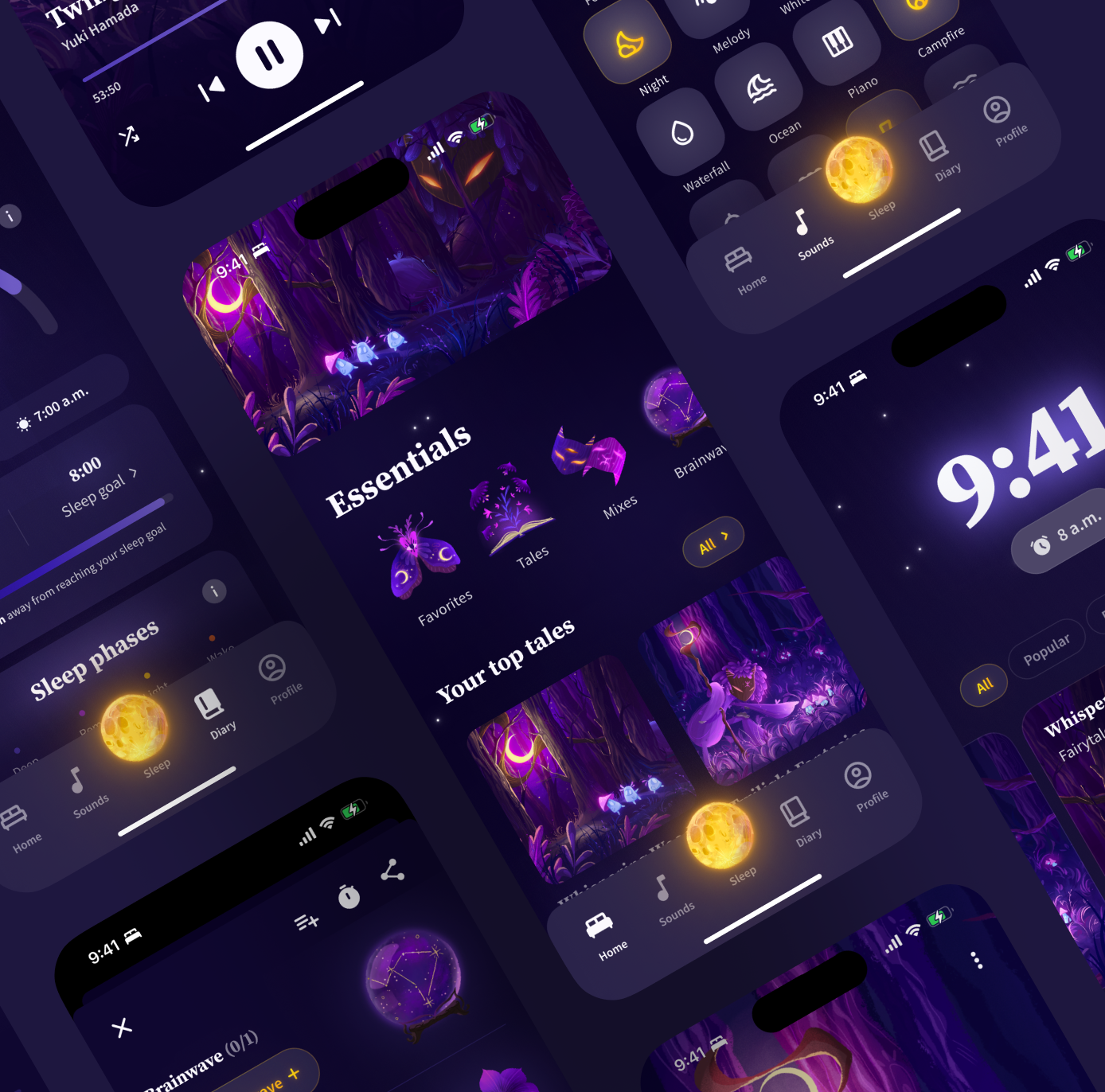 Zzz mobile app design screens – UX/UI showcasing sleep tracking and relaxing interface.