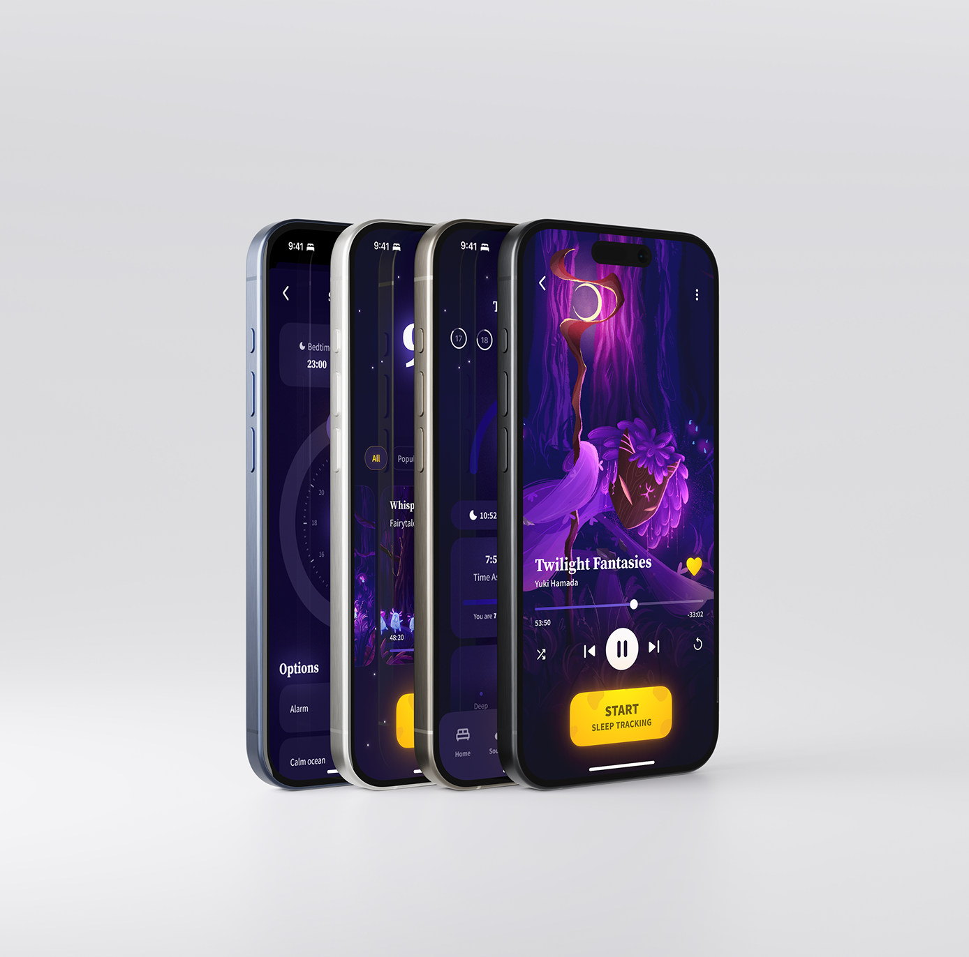 Zzz app UX/UI screens – mobile design for sleep tracking and relaxation.