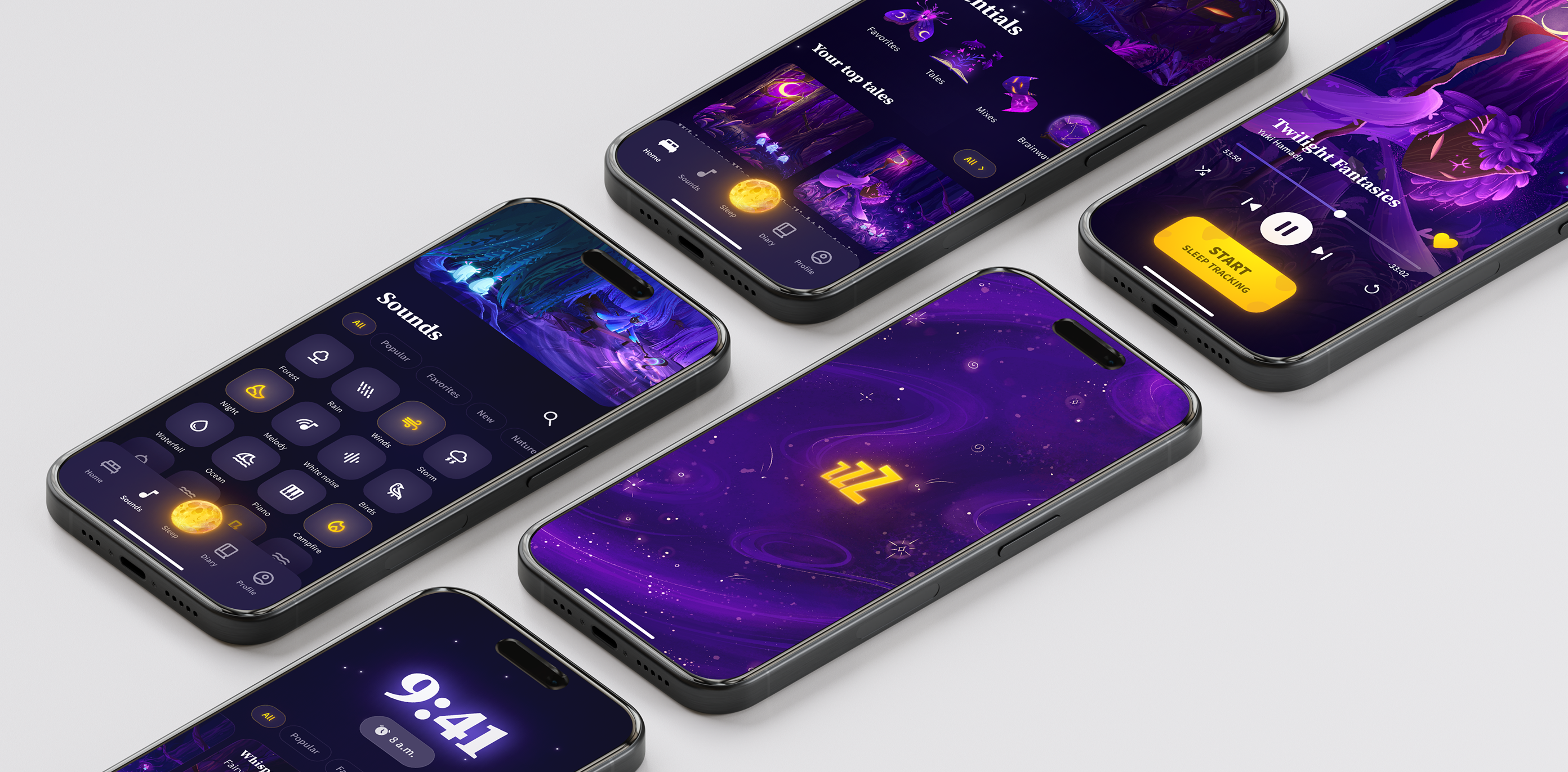 Zzz app UX/UI design – multiple mobile screens for sleep tracking and relaxation.
