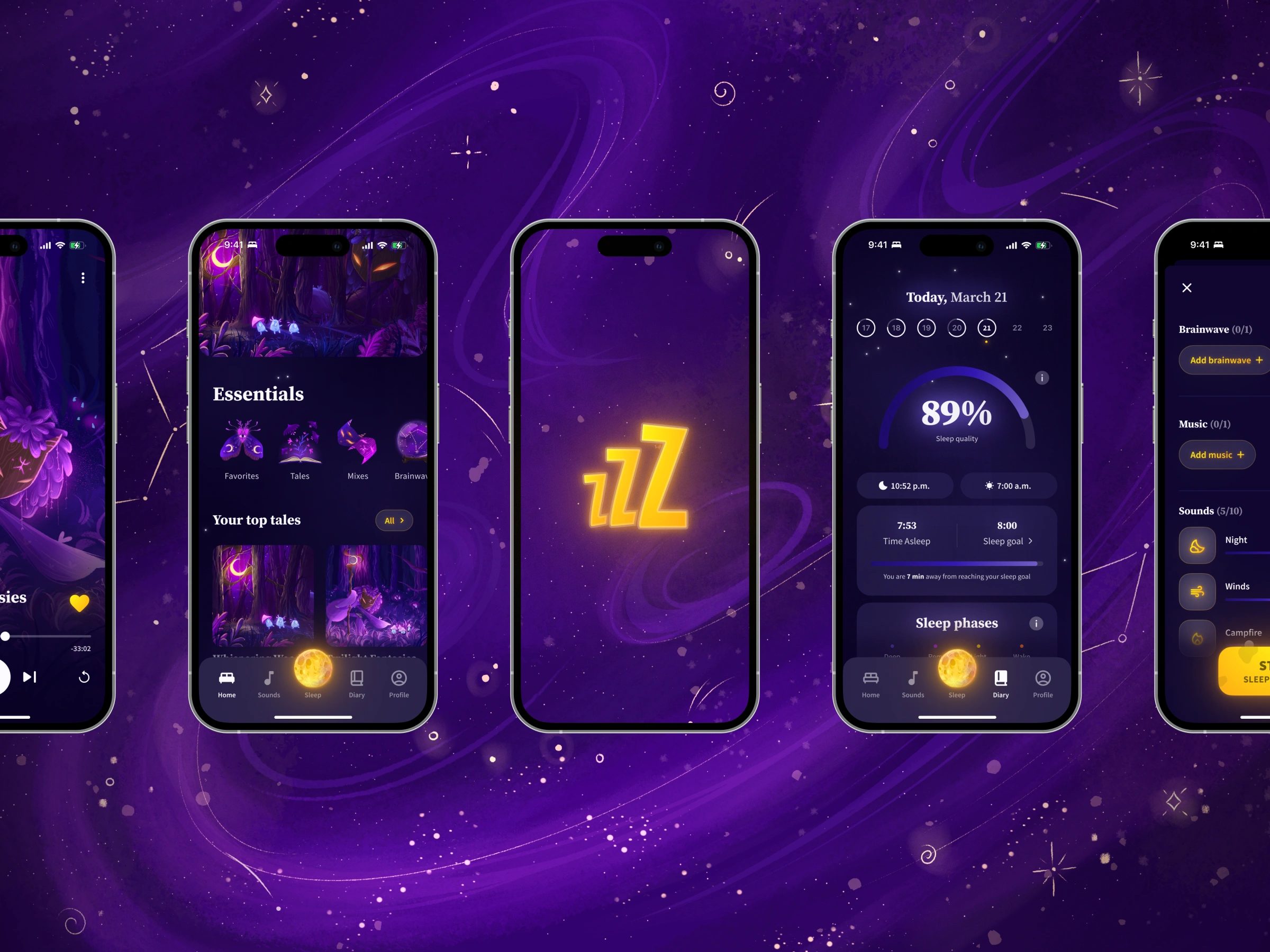 Zzz sleep mobile app UX/UI design – multiple screens showcasing calm and minimal interface.