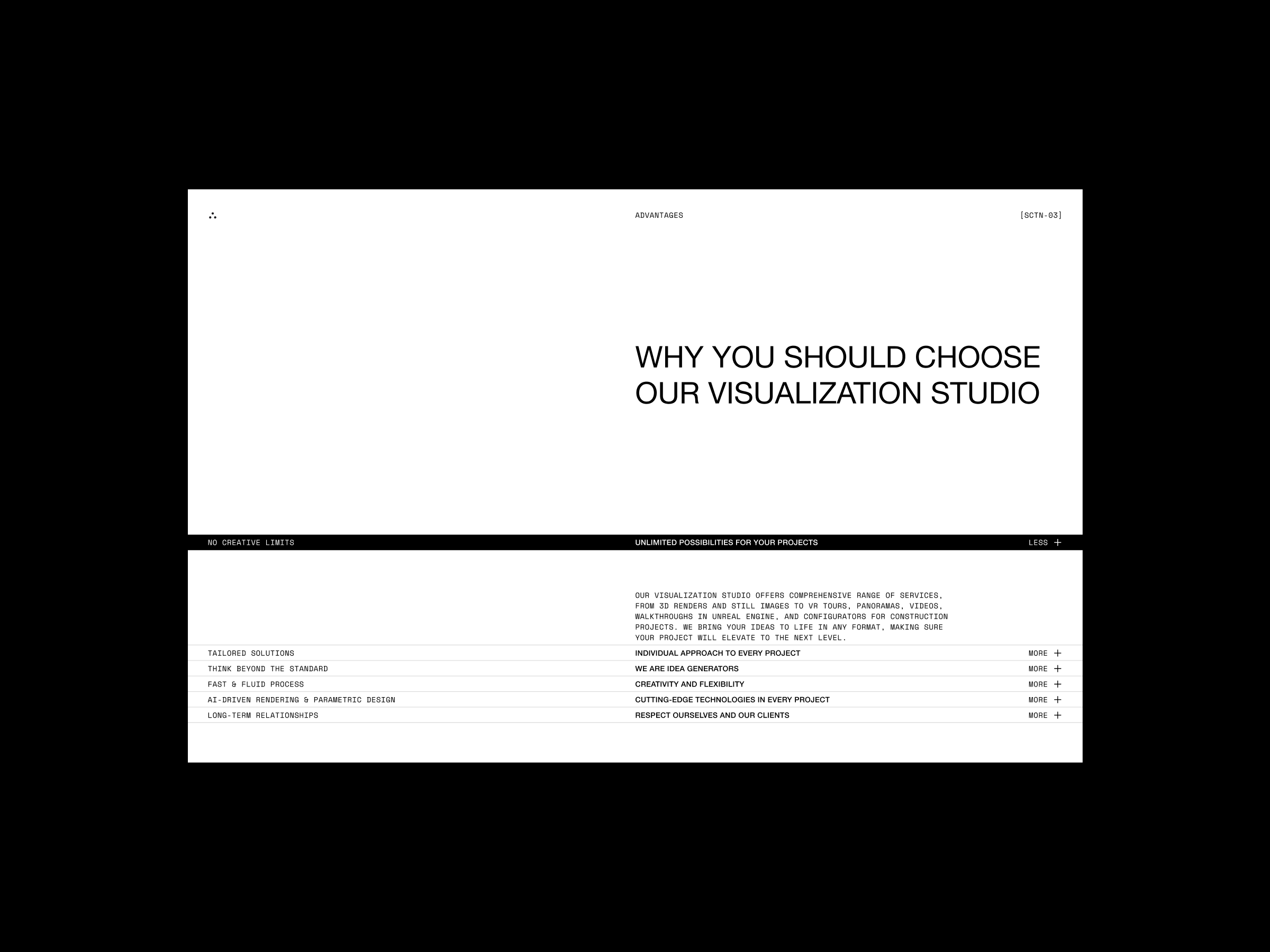 Advantages section highlighting unique animations, strong UX/UI, and Webflow development of Room website.